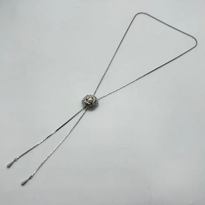 Akoya pearl loop tie necklace with 10mm pearls in silver tone featuring PAT stamp