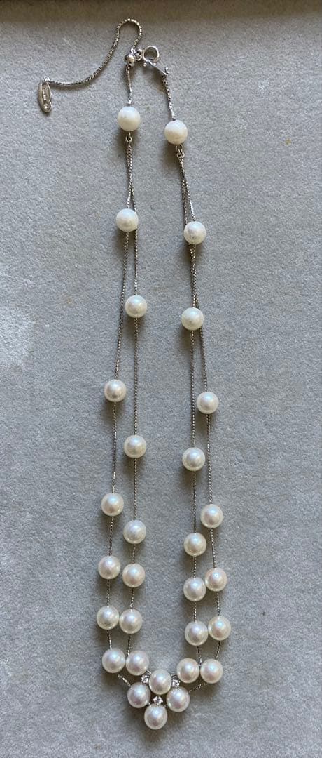 Tasaki K18 double strand necklace featuring 7-7.5mm pearls and diamond accents on a 39-45cm chain