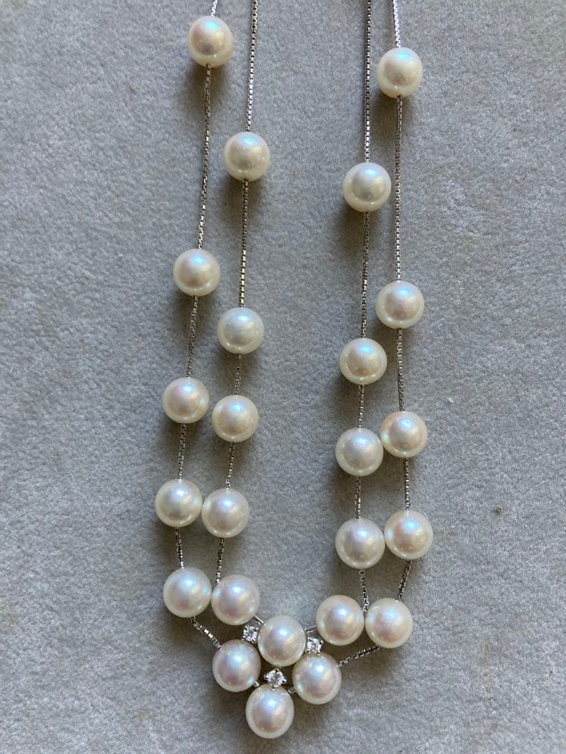 Tasaki K18 double strand necklace featuring 7-7.5mm pearls and diamond accents on a 39-45cm chain