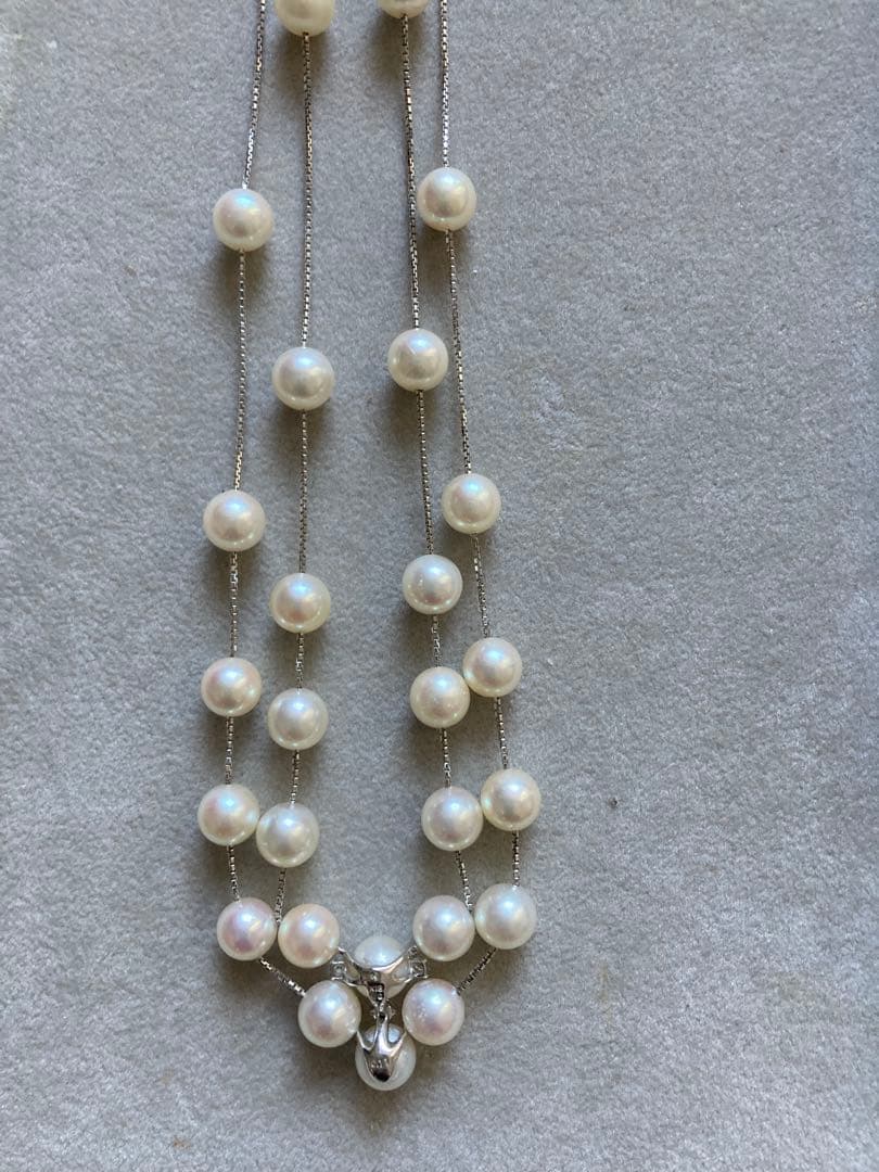 Tasaki K18 double strand necklace featuring 7-7.5mm pearls and diamond accents on a 39-45cm chain