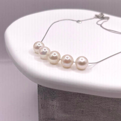 Akoya Pearl 5-row white necklace featuring 7mm pearls and adjustable 42cm S925 rhodium plated chain