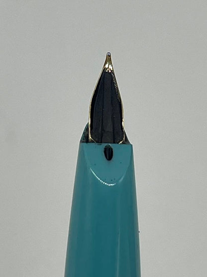 Pilot fountain pen with 14K gold-plated fine nib in turquoise blue and silver etching design