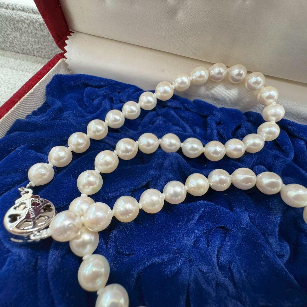 Oyster pearl necklace featuring 8mm white Akoya pearls strung on a classic design