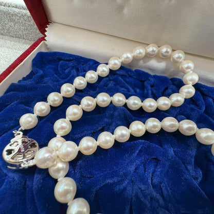 Oyster pearl necklace featuring 8mm white Akoya pearls strung on a classic design