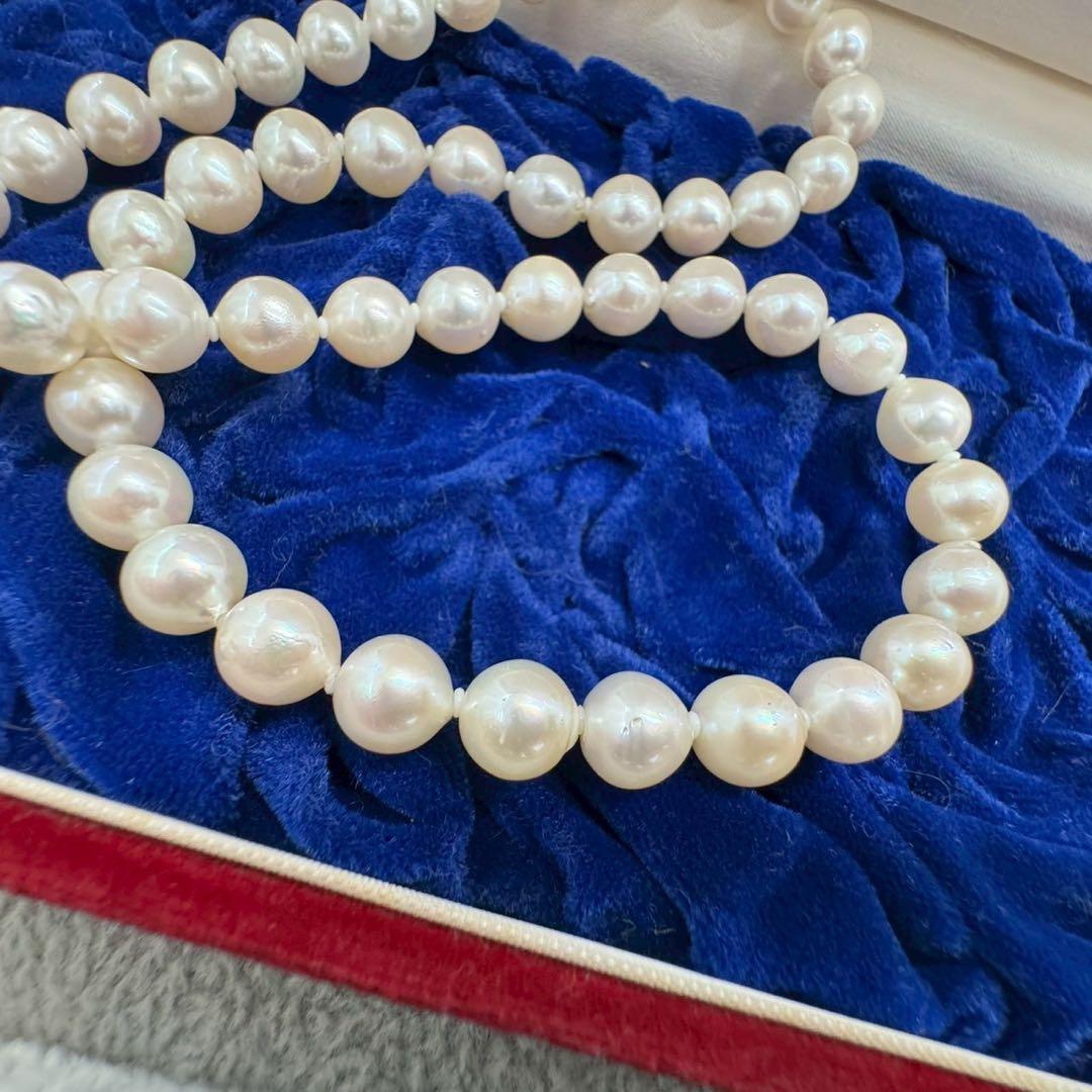 Oyster pearl necklace featuring 8mm white Akoya pearls strung on a classic design