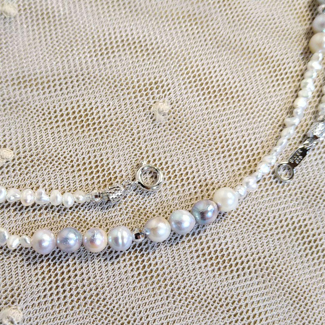 Long necklace with 2.5-3.5mm Akoya Keshi pearls and 5mm natural color Akoya baroque pearls on silver925 chain