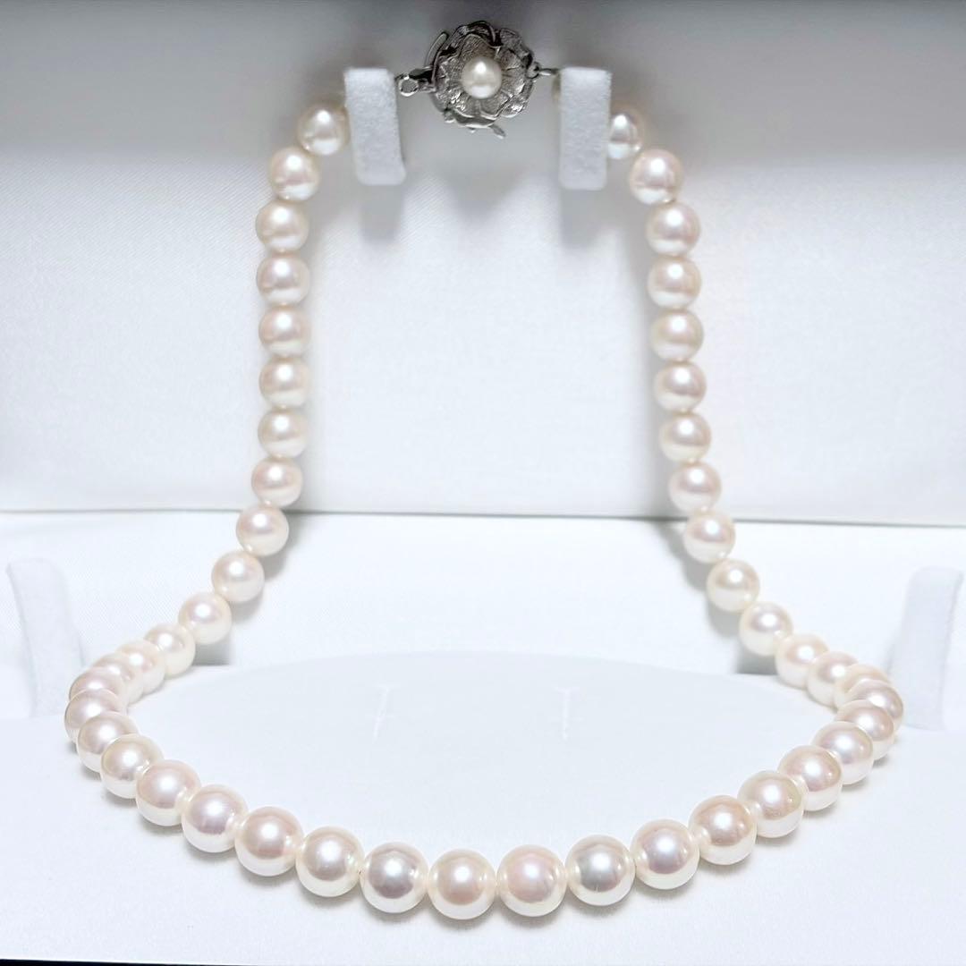 Honka Pearl Akoya necklace with 8.0-8.5mm white pearls and silver clasp on a white background