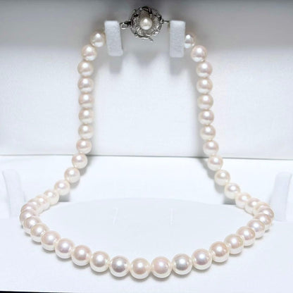 Honka Pearl Akoya necklace with 8.0-8.5mm white pearls and silver clasp on a white background
