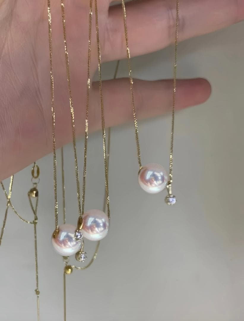 Law K18YG Akoya pearl necklace pendant with diamond and 45cm Chopin chain, pearl size 8-9mm