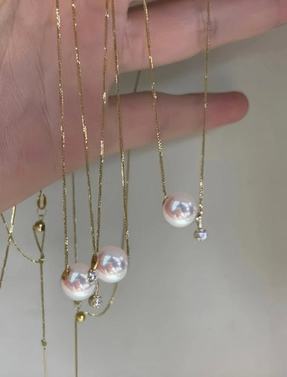 Law K18YG Akoya pearl necklace pendant with diamond and 45cm Chopin chain, pearl size 8-9mm