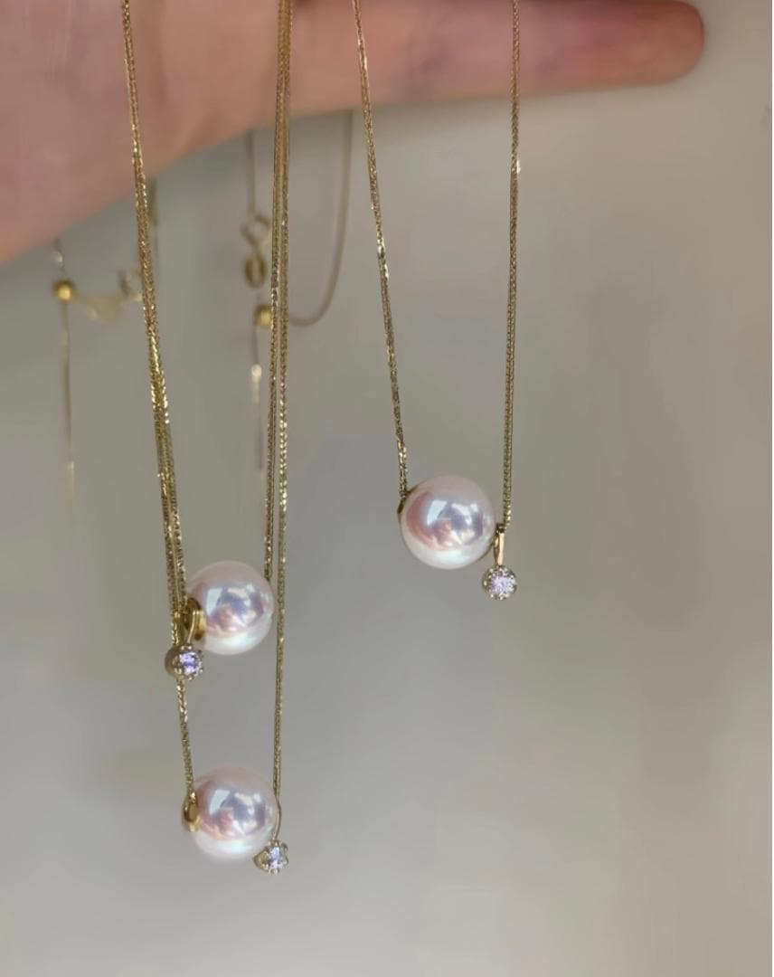 Law K18YG Akoya pearl necklace pendant with diamond and 45cm Chopin chain, pearl size 8-9mm