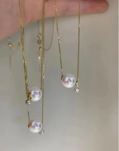 Law K18YG Akoya pearl necklace pendant with diamond and 45cm Chopin chain, pearl size 8-9mm