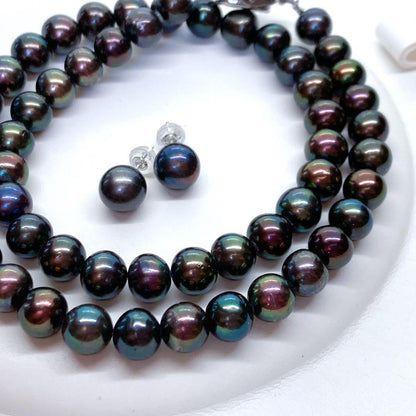 Akoya pearl necklace with peacock black 7.5-8mm pearls and matching earrings on SV925 silver wire