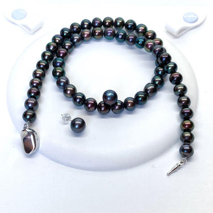 Akoya pearl necklace with peacock black 7.5-8mm pearls and matching earrings on SV925 silver wire