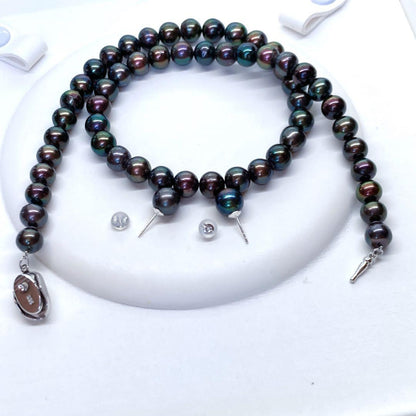 Akoya pearl necklace with peacock black 7.5-8mm pearls and matching earrings on SV925 silver wire
