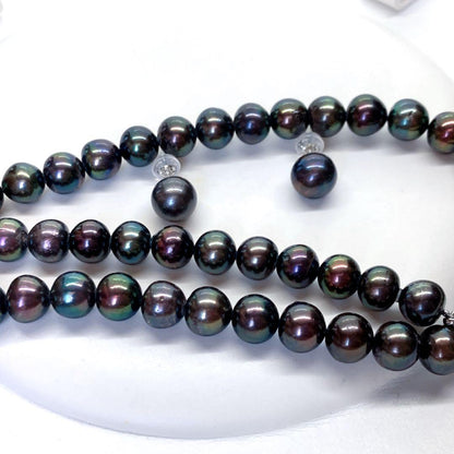 Akoya pearl necklace with peacock black 7.5-8mm pearls and matching earrings on SV925 silver wire