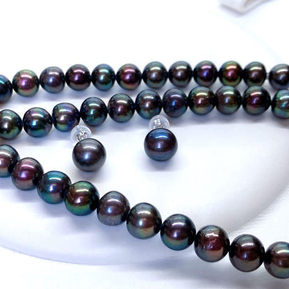 Akoya pearl necklace with peacock black 7.5-8mm pearls and matching earrings on SV925 silver wire