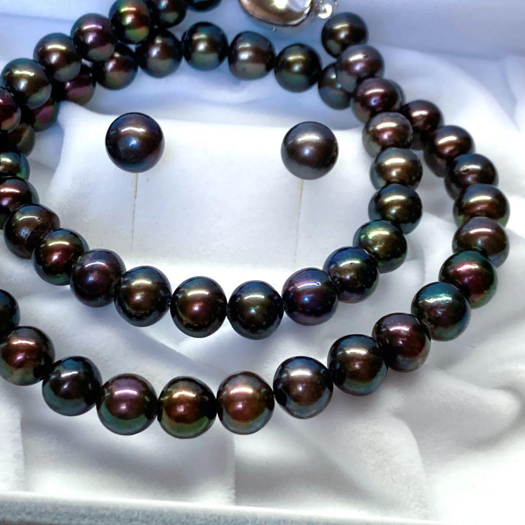 Akoya pearl necklace with peacock black 7.5-8mm pearls and matching earrings on SV925 silver wire