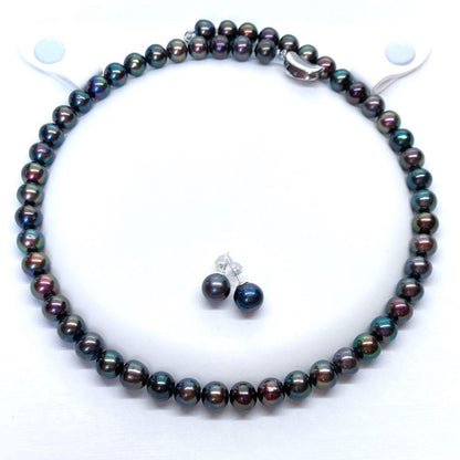 Akoya pearl necklace with peacock black 7.5-8mm pearls and matching earrings on SV925 silver wire
