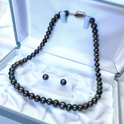 Akoya pearl necklace with peacock black 7.5-8mm pearls and matching earrings on SV925 silver wire