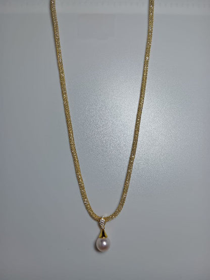 Akoya pearl pendant necklace with water crystal and diamond-like stones on stainless mesh chain