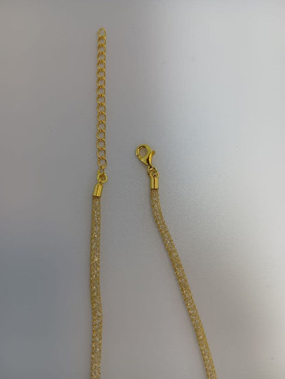 Akoya pearl pendant necklace with water crystal and diamond-like stones on stainless mesh chain