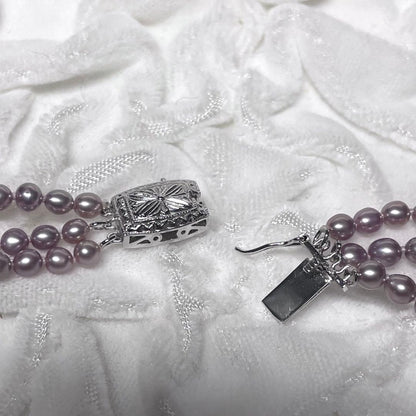 TASAKI baby pearl necklace with rare purple natural pearls, three strands, displayed with box