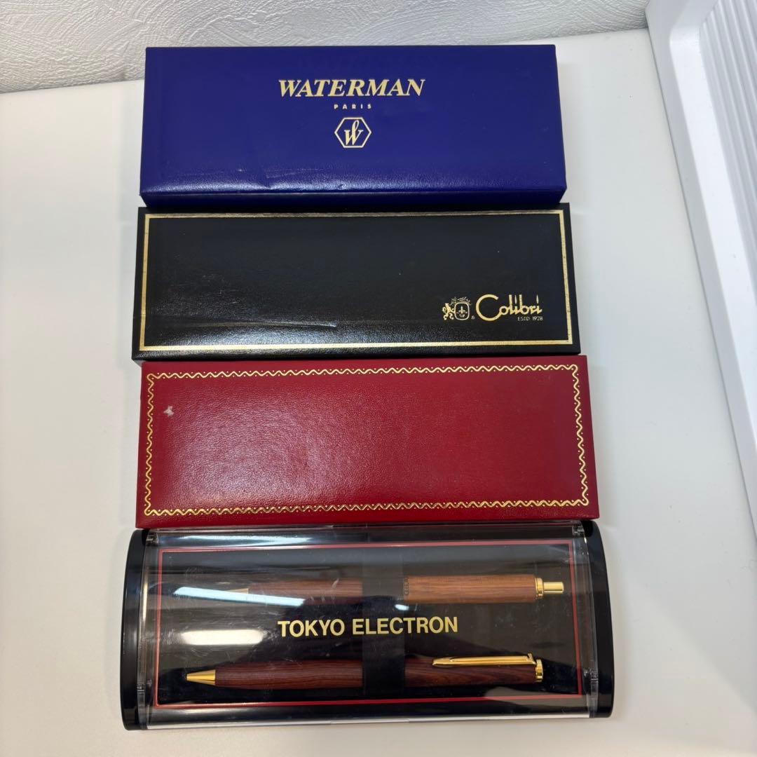 Set of six used pens including Waterman fountain pen, Colibri ballpoint pen, Bernate fountain pen and mechanical pencil, Tokyo Electron ballpoint pen