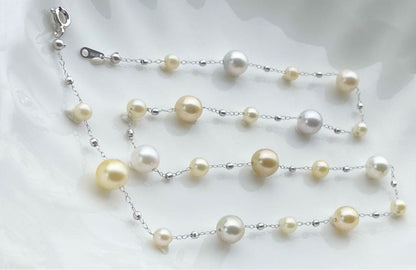 White Queen Pearl Golden Queen Pearl Akoya Pearl Station Necklace with 7.5-8mm and 4.5-5.5mm pearls