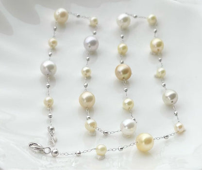 White Queen Pearl Golden Queen Pearl Akoya Pearl Station Necklace with 7.5-8mm and 4.5-5.5mm pearls