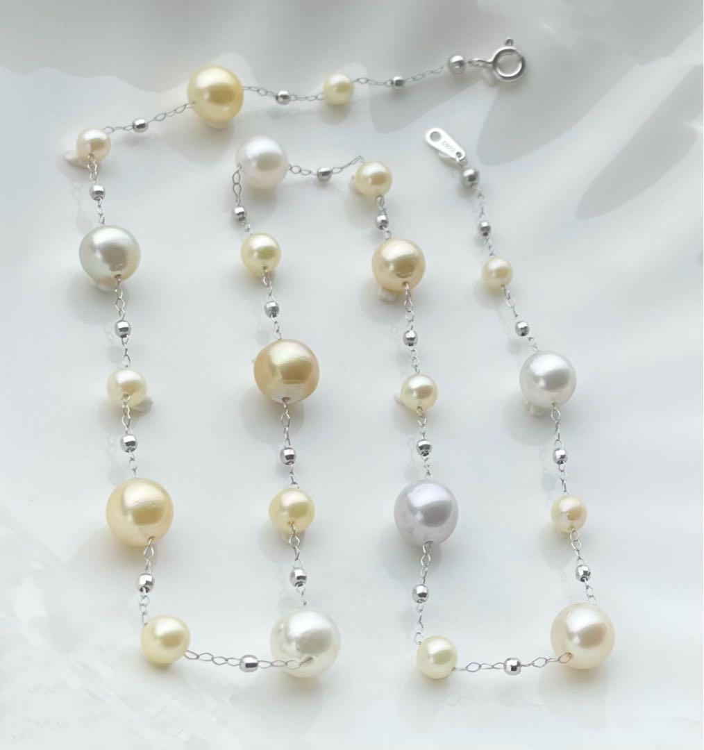 White Queen Pearl Golden Queen Pearl Akoya Pearl Station Necklace with 7.5-8mm and 4.5-5.5mm pearls