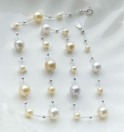 White Queen Pearl Golden Queen Pearl Akoya Pearl Station Necklace with 7.5-8mm and 4.5-5.5mm pearls