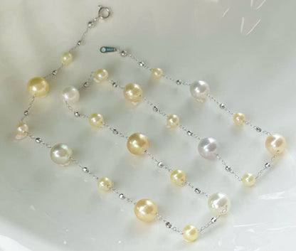 White Queen Pearl Golden Queen Pearl Akoya Pearl Station Necklace with 7.5-8mm and 4.5-5.5mm pearls