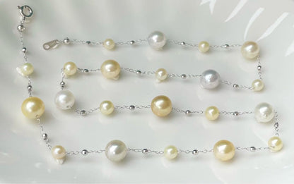 White Queen Pearl Golden Queen Pearl Akoya Pearl Station Necklace with 7.5-8mm and 4.5-5.5mm pearls