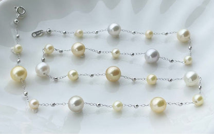 White Queen Pearl Golden Queen Pearl Akoya Pearl Station Necklace with 7.5-8mm and 4.5-5.5mm pearls
