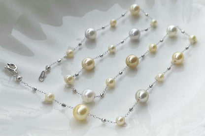 White Queen Pearl Golden Queen Pearl Akoya Pearl Station Necklace with 7.5-8mm and 4.5-5.5mm pearls