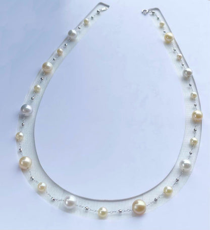 White Queen Pearl Golden Queen Pearl Akoya Pearl Station Necklace with 7.5-8mm and 4.5-5.5mm pearls