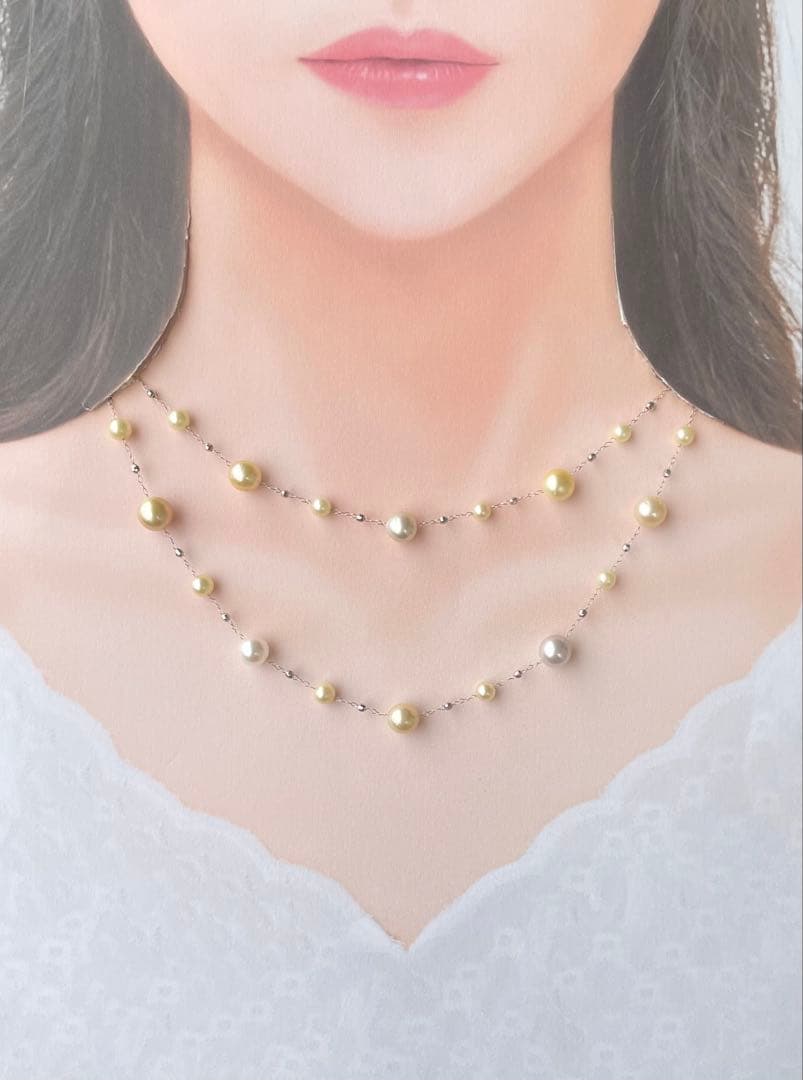 White Queen Pearl Golden Queen Pearl Akoya Pearl Station Necklace with 7.5-8mm and 4.5-5.5mm pearls