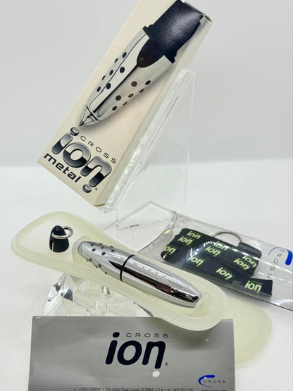 CROSS ion Kuro silver rollerball pen with glossy body, shown with original case and packaging