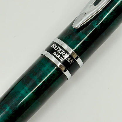 Waterman Expert ballpoint pen in discontinued marble green with chrome trim, shown with cap on