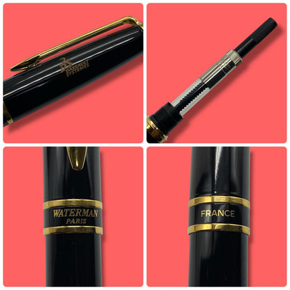 Waterman Expert Essential fountain pen with fine nib in black and gold, displayed with box and replacement cartridge