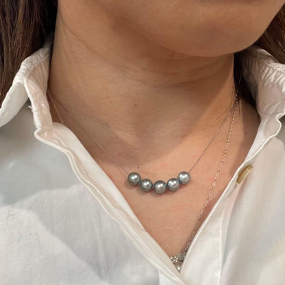 Akoya pearl 5-row pendant necklace with blue 7-7.5mm pearls on S925 silver adjustable chain