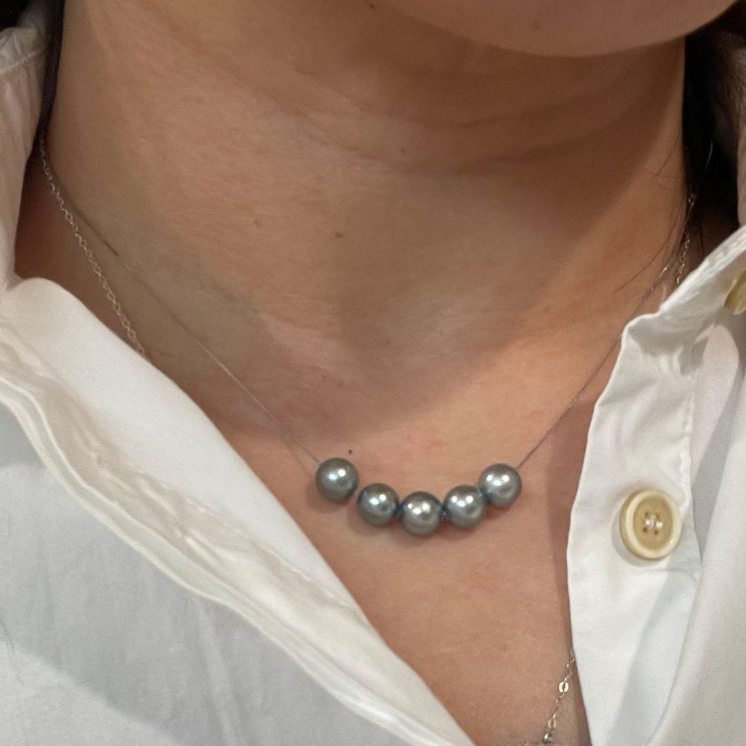 Akoya pearl 5-row pendant necklace with blue 7-7.5mm pearls on S925 silver adjustable chain