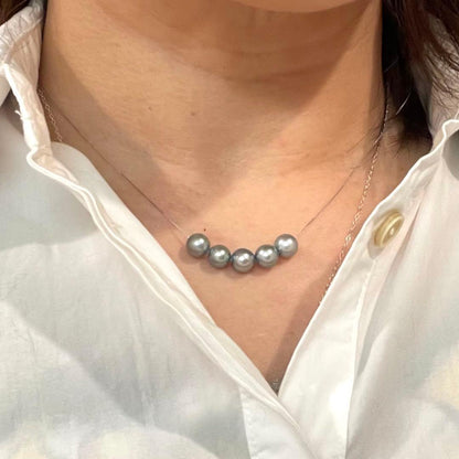 Akoya pearl 5-row pendant necklace with blue 7-7.5mm pearls on S925 silver adjustable chain