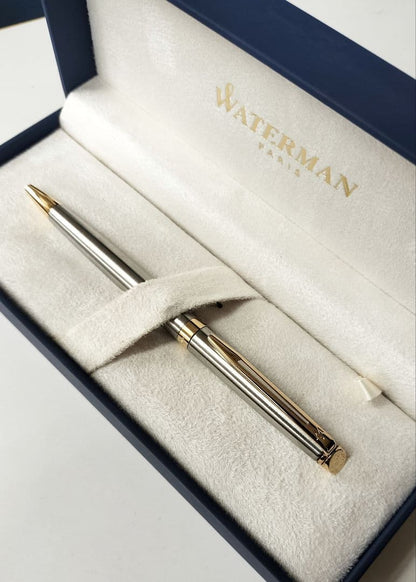 WATERMAN ballpoint pen main body in silver and gold with dedicated case and genuine refill displayed