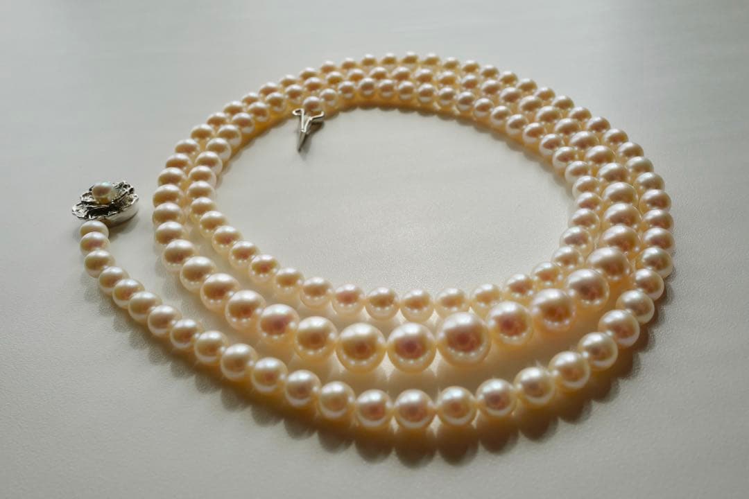 New Akoya gradation pink genuine pearl long necklace with silver clasp, 89cm length, varying pearl sizes