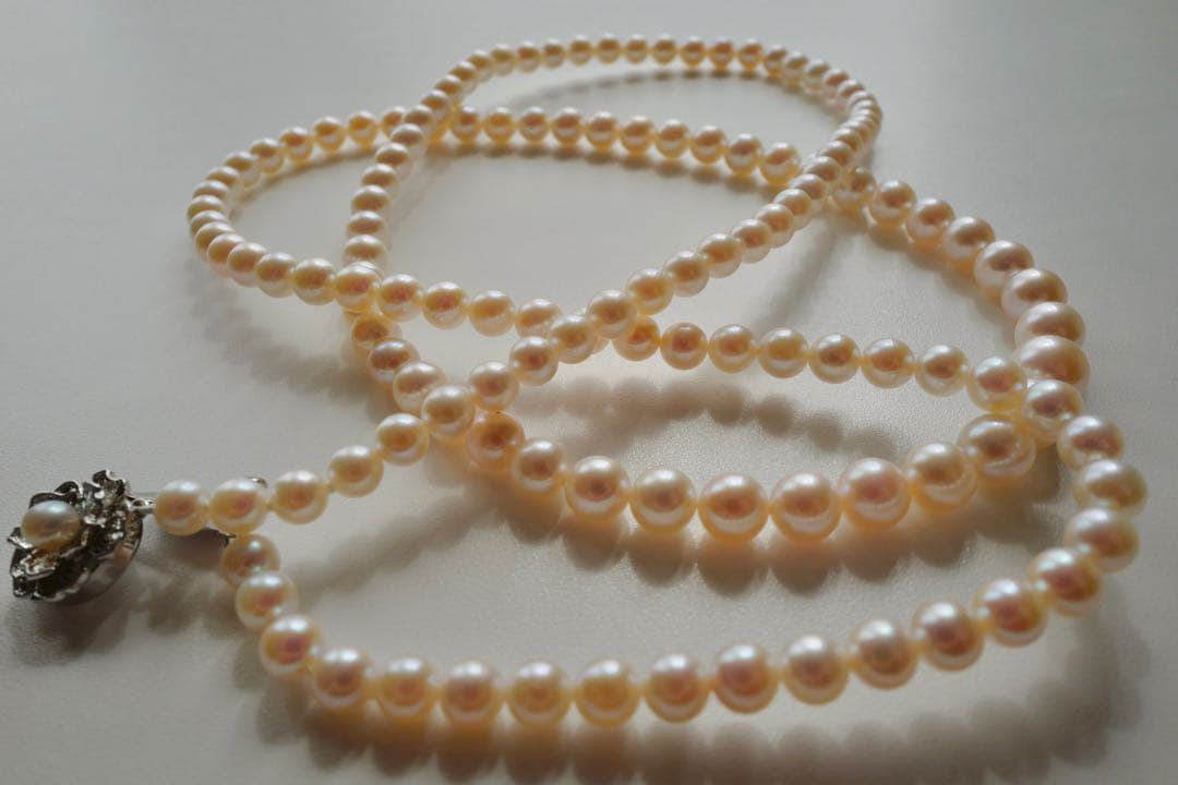 New Akoya gradation pink genuine pearl long necklace with silver clasp, 89cm length, varying pearl sizes