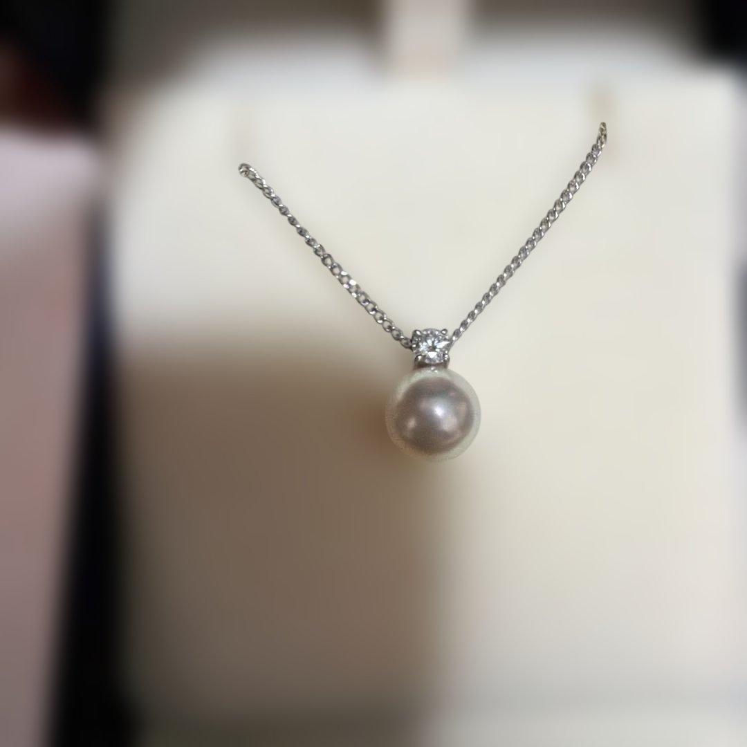 TASAKI pearl necklace with 8.1mm white pearl and 0.11ct diamond pendant on a fine chain