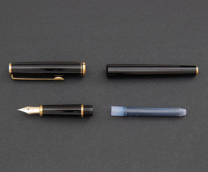 Pilot fountain pen with 14k gold fine nib, black and gold body, and blue-black ink cartridge included