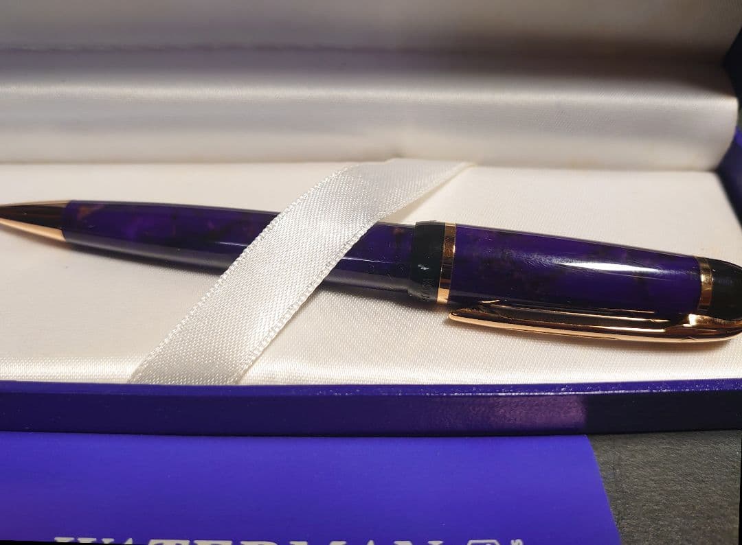 Waterman Phileas Series Blue Marble ballpoint pen with resin body and twist mechanism in Art Deco style